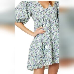 English Factory Dress With Green & Purple Floral Print With Puffy Sleeves Small